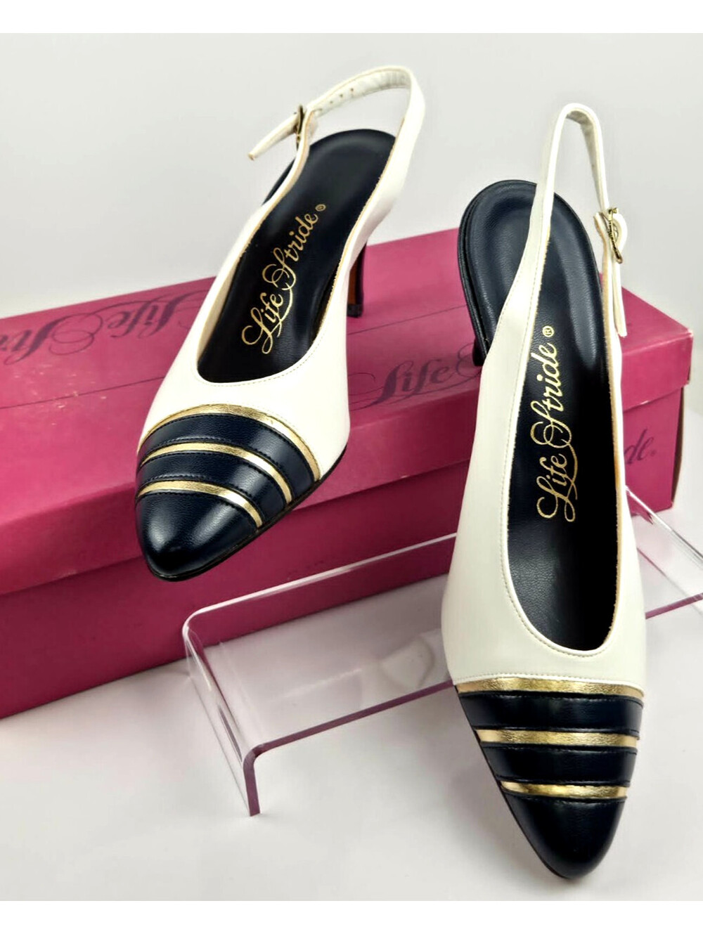 Vintage Life Stride Del Ray Slingback Heels White Navy Gold Toe 6.5B NOS